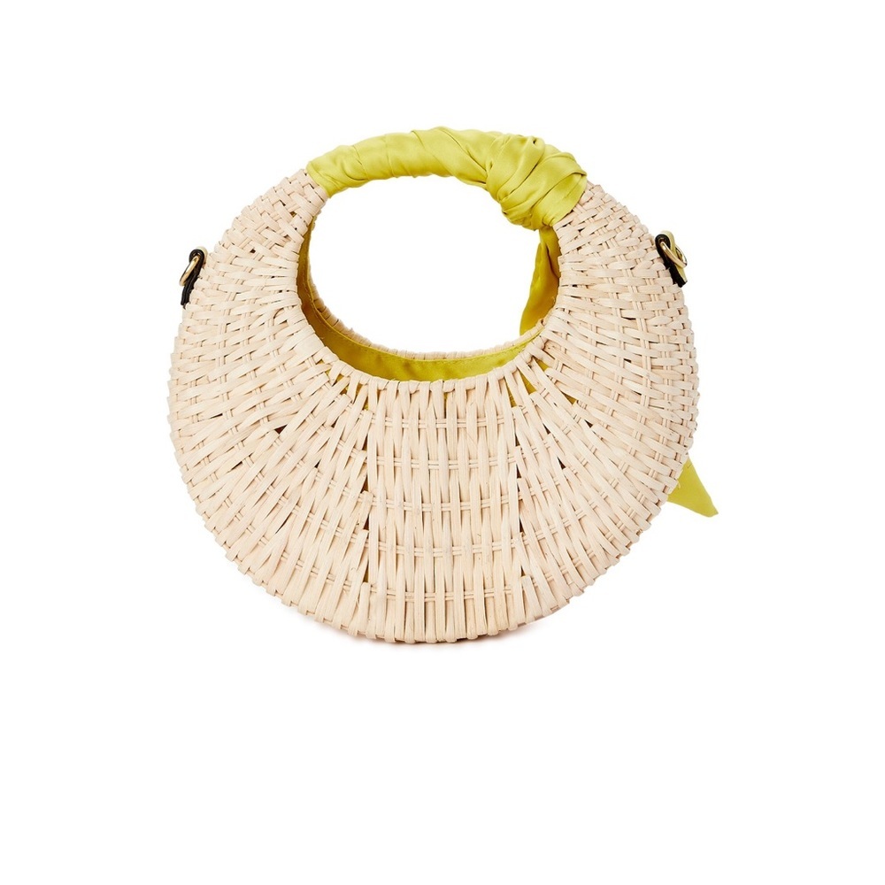 Woven straw Top handle crescent shape crossbody bag silk look citron scarf new - Picture 5 of 13